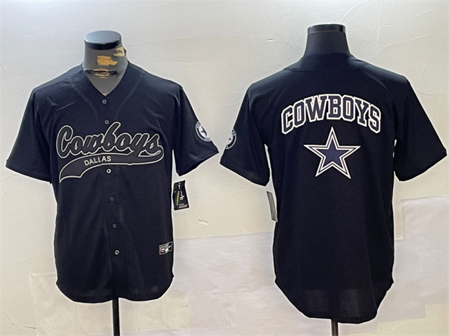 Men's Dallas Cowboys Team Big Logo Black With Patch Cool Base Stitched Baseball Jersey 1