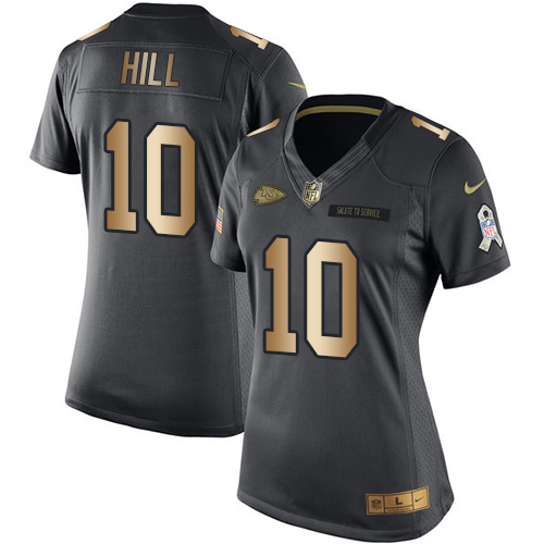 Nike Chiefs #10 Tyreek Hill Black Women's Stitched NFL Limited Gold Salute to Service Jersey